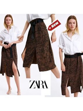Zara animal print midi skirt brown black belted front slits tiger print Sz L NWT